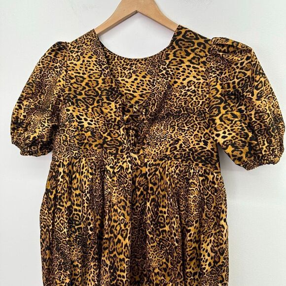 Sew Wasted Women’s Leopard Printed Bow Tie Fastening Short Length Smock Dress - Picture 7 of 10